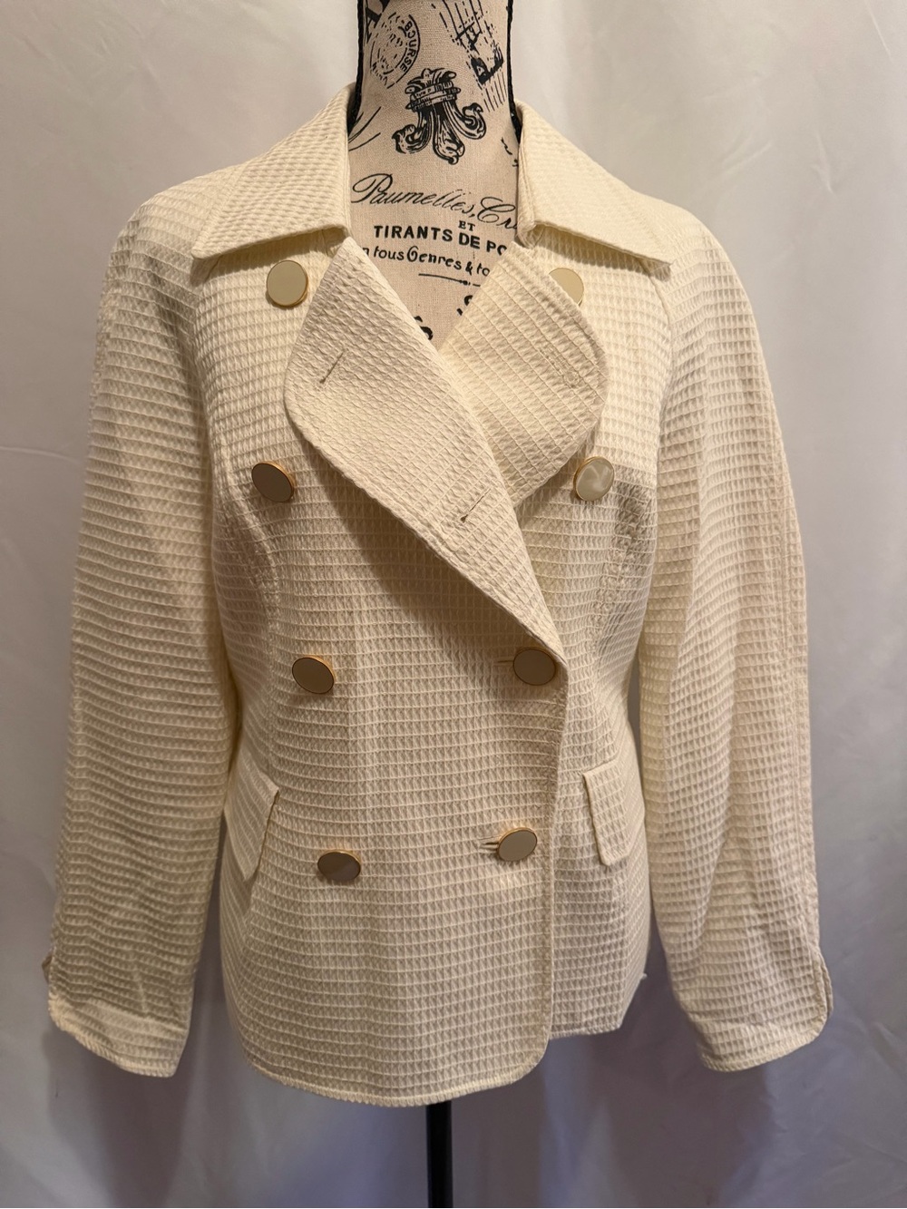 Talbots Cream Double-Breasted Waffle Blazer with Gold Buttons